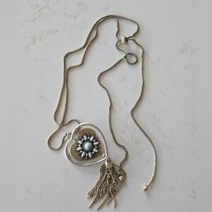 Lucky Brand Antique Gold Tone Reversible Heart Pendant Tassel Necklace